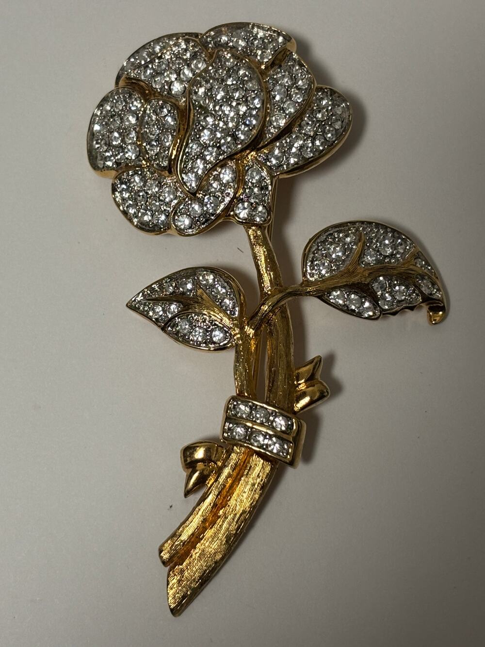 Nolan Miller Rose Brooch Gold Tone Clear Rhinestones Vintage